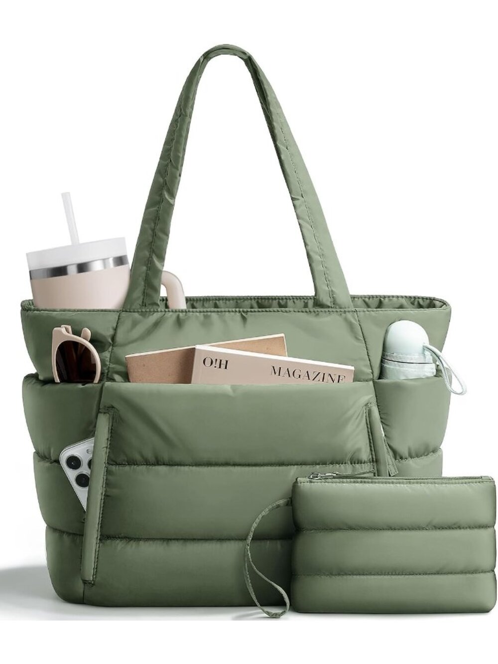 👜Women's Sage Green Puffer Tote Bag 16 Pockets Work Gym Travel Laptop Handbag
